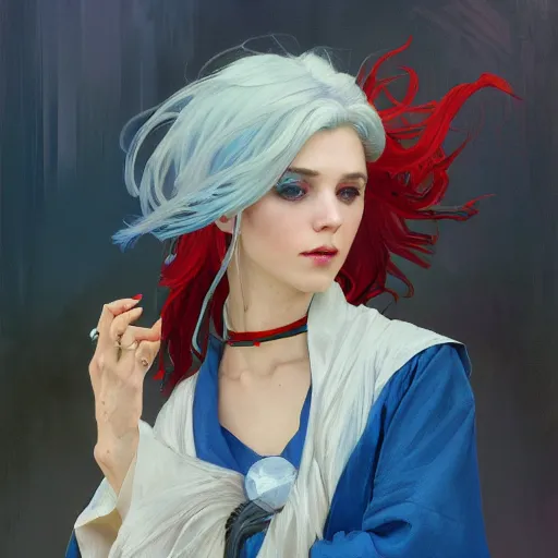 Prompt: oil painting of a priestess white haired women, cameraflash portrait by ilya kuvshinov, artgerm, alphonse mucha, and greg rutkowski, wearing blue coat, red makeup, wind mage, casting a spell, fantasy artwork, fantastic artwork, 4 k, trending on artstation