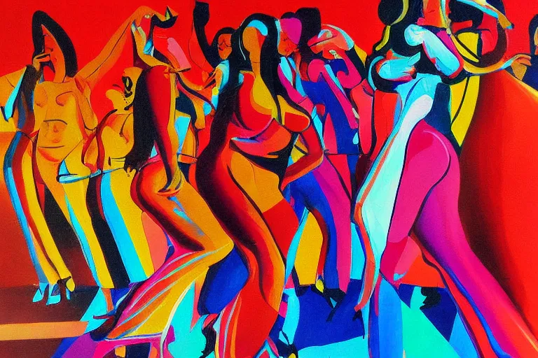 Image similar to painting of curvy sweating woman dancing in a club in the 70's by Johannes Grutzke