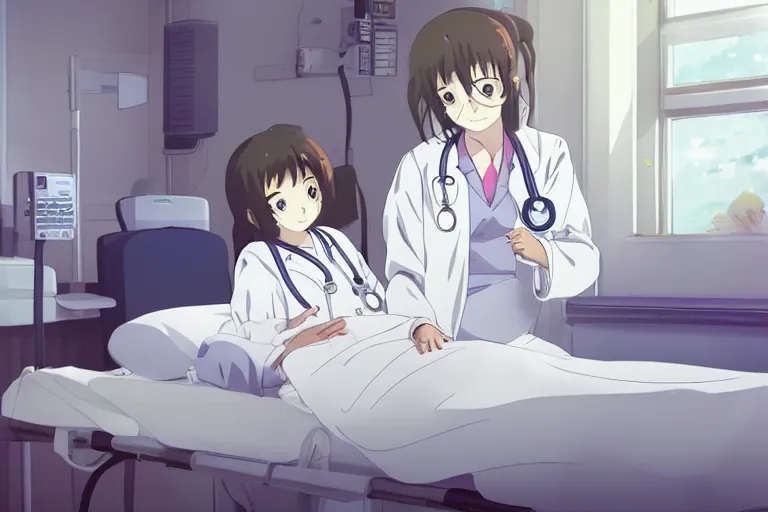 Image similar to a cute and beautiful young female doctor wearing white coat are taking care of a patient on a bed in a hospital ward, slice of life anime, anime scenery by Makoto shinkai