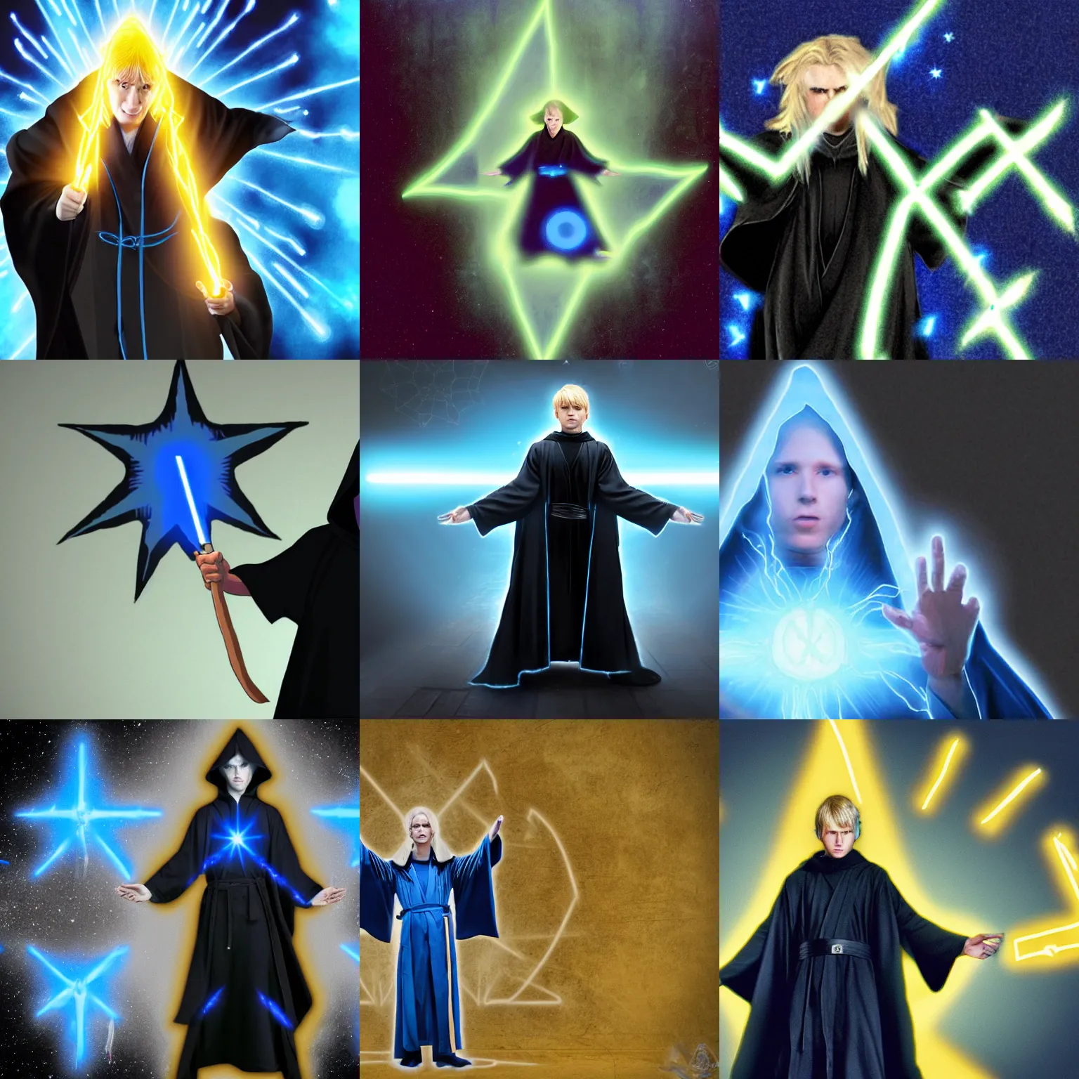 Prompt: a young blond man in a black jedi hooded robe drawing an electric blue five pointed star in the air in front of him