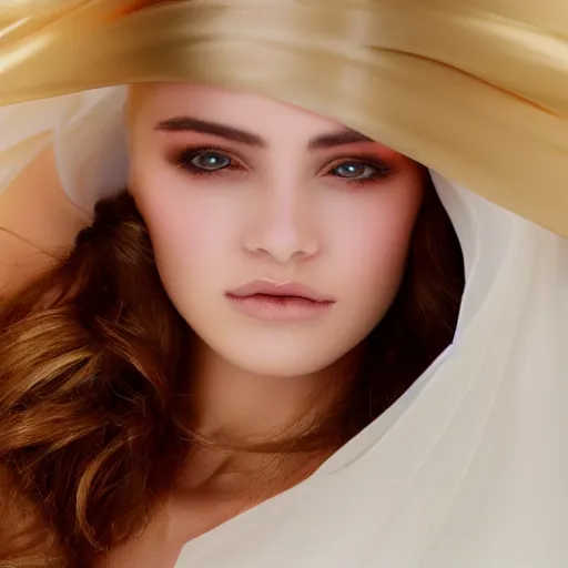 Image similar to filmstill photography of female face covered with white translucent blanket, luxurious supermodel photoshooting, golden jewelry,