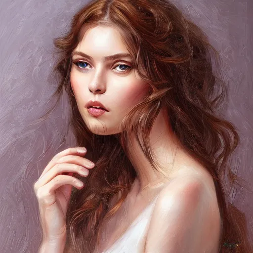 Prompt: beautiful portrait face centre oil on canvas of brunette with wavy hair Lilli Hollunder, intricate, elegant, highly detailed, artstation, concept art, sharp focus, art by Alina Ivanchenko, Rob Ross, WLUP, artgerm