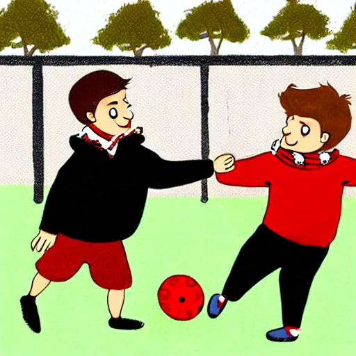 Image similar to illustration of french boy in paris playing football against a corgi, the corgi is wearing a polka dot scarf