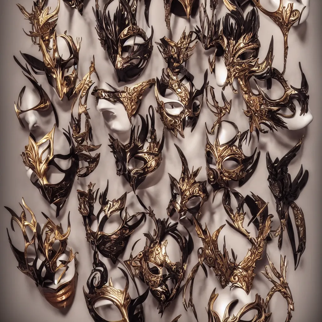 Prompt: a collection of a masquerade masks hanging on a wall by artgerm, dramatic lighting, highly detailed, trending on artstation