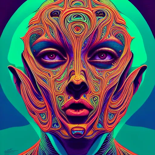 Image similar to An extremely psychedelic portrait, surreal, LSD, face, detailed, intricate, elegant, lithe, highly detailed, digital painting, artstation, concept art, smooth, sharp focus, illustration, art by Kilian Eng