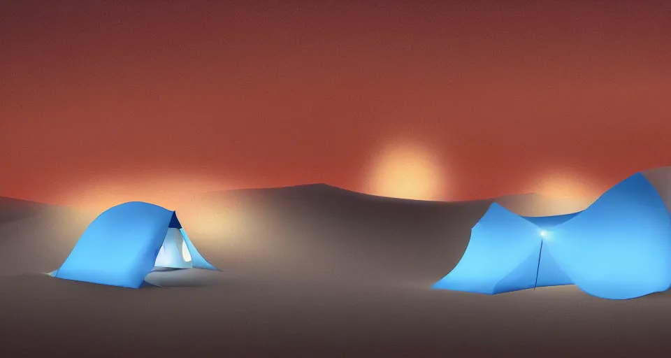 Image similar to hyper realistic matte painting of a small tent in the desert with dunes at night, blue color scheme, artstation