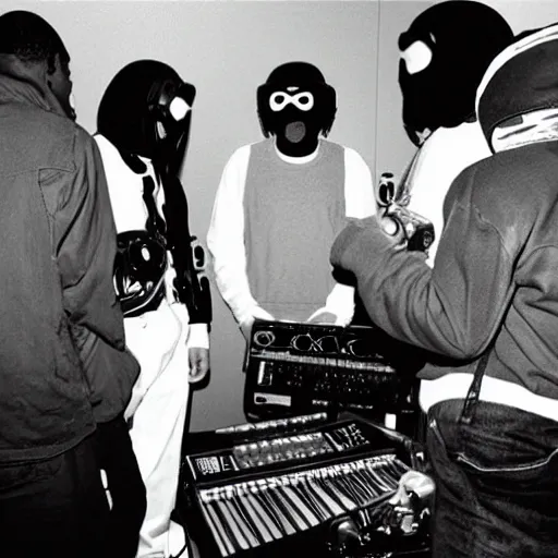 Image similar to MF DOOM and the Beatles recording a song in studio, photojournalism Kodak 5219, grainy image