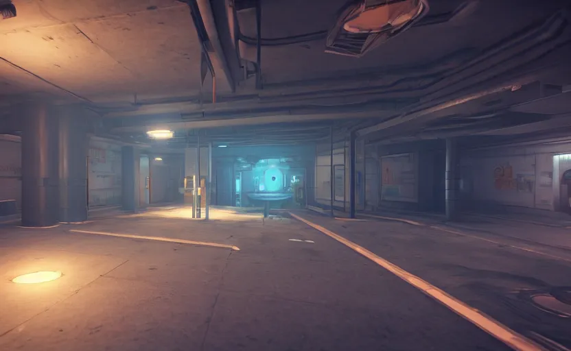 Image similar to screenshot of a game on unreal engine 5, narrow underground laboratory, photorealistic, liminal, retrofuturism, minimalism, clean, soft vintage glow