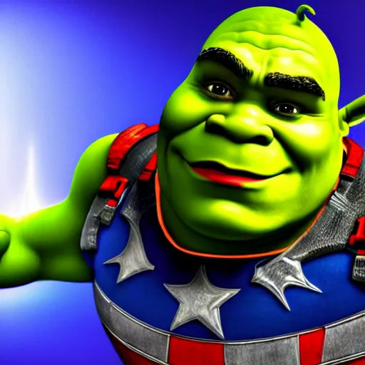 Prompt: digital painting of Shrek as Captain America, octane render, volumetric lightening, by marvel