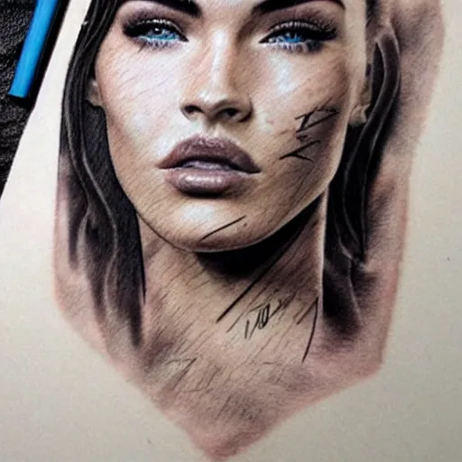 Prompt: realistic tattoo sketch of megan fox face professional double exposure effect with beautiful mountain scenery, in the style of matteo pasqualin, amazing detail, sharp, faded