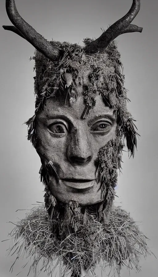 Image similar to portrait of a tyrolean folklore mask, wearing hay coat, with horns, eerie, flowers growing out of his body, detailed intricate insanely detailed octane render, 8k artistic 1920s photography, black and white, grainy, photorealistic, chiaroscuro, by David Cronenberg, Raphael, Caravaggio