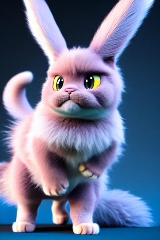 Prompt: high quality 3 d render hyperrealist very cute multipastel fluffy! grumpy chimera! cat hybrid with detailed fluffy wings!!, vray smooth, in the style of detective pikachu, hannah yata charlie immer, dramatic blue light, low angle, uhd 8 k, sharp focus