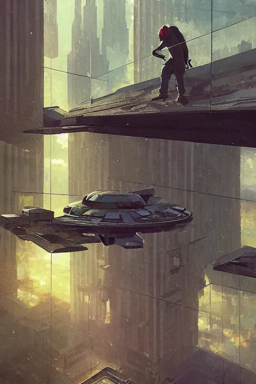 Prompt: Portrait unknown guy washing the window of a giant building with a small spaceship in the background. Beeple, grimshaw, thomas cole, ismail inceoglu, winslow homer, greg rutkowski, gerald brom, marc simonetti, simon stalenhag, anton fadeev, donglu yu