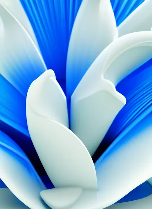 Image similar to blue perfume standing in white enchanted sprarse blue flowers, in an ivory room well contoured smooth fair walls, up close shot, sharp focus, zen, clean, modern minimalist, zaha hadid octane highly render, 4 k, ultra hd,