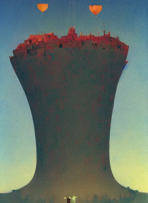 Image similar to tower of babel with birthday baloons Edward Hopper and James Gilleard, Zdzislaw Beksinski highly detailed