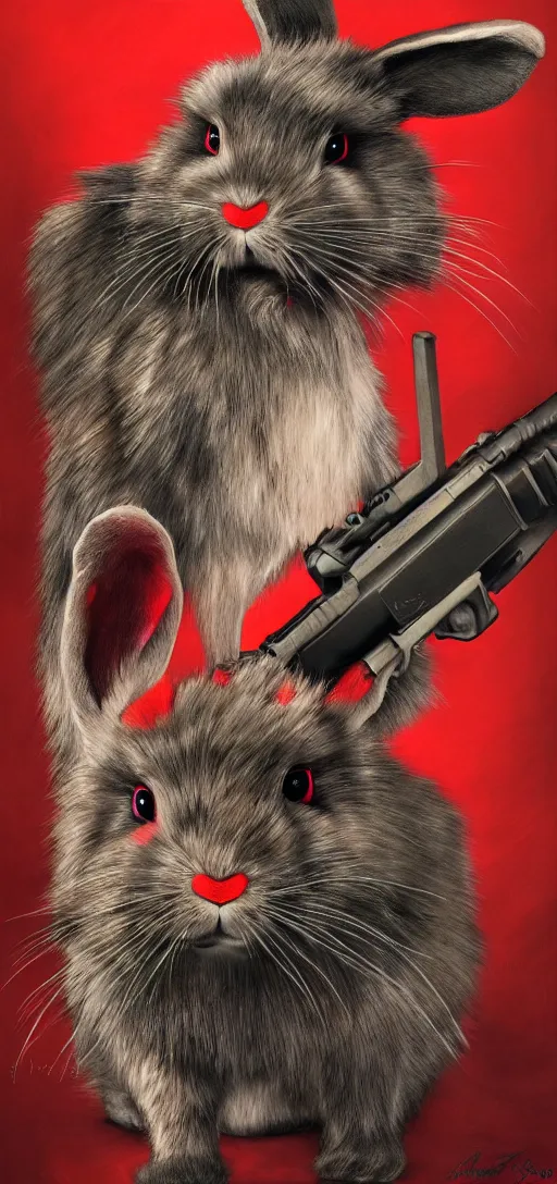 Image similar to portrait of neon fur rabbit with red eyes and a machine gun , 8k, highly detailed, sharp, realistic, in style of Brom