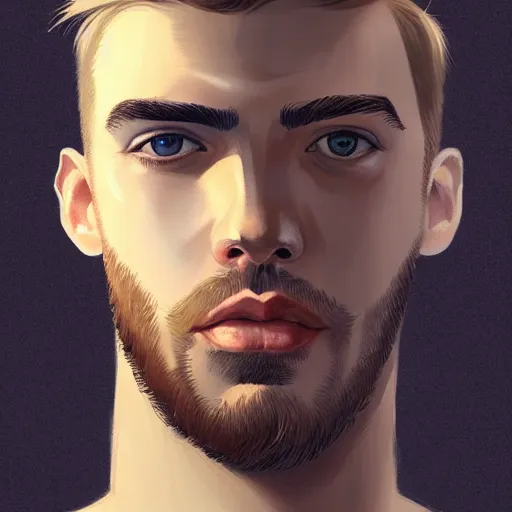 Image similar to tall chunky man in his twenties with brown blond short regular haircut and round facial structure with cleft chin, straight eyebrows, big alert eyes, slightly smiling, cheekbones, straight nose, wider face, shadow of beard, atmospheric lighting, painted, intricate, 4 k, highly detailed by charlie bowater
