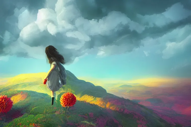 Image similar to face covered giant dahlia flower, girl on mountain, surreal photography, blue storm clouds, dramatic light, impressionist painting, digital painting, artstation, simon stalenhag