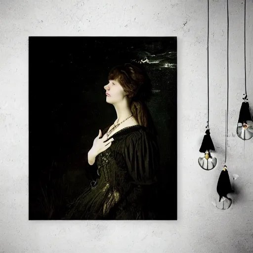 Prompt: A beautiful victorian woman, night, moon, silhouette, gothic dress, flowing hair, oil painting, portrait, magical forest, glowing light, dramatic lighting, dramatic light, masterpiece, long shadow, painted by Rembrandt