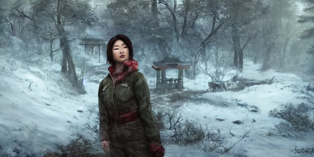 Image similar to fallout 5, charismatic beautiful rugged asian female protagonist, portrait, outdoors in forest, tori gate!!! and shinto shrine!!! in the background, atmospheric lighting, painted, intricate, volumetric lighting, daytime, winter, blizzard, sharp focus, ultra detailed, art by william turner