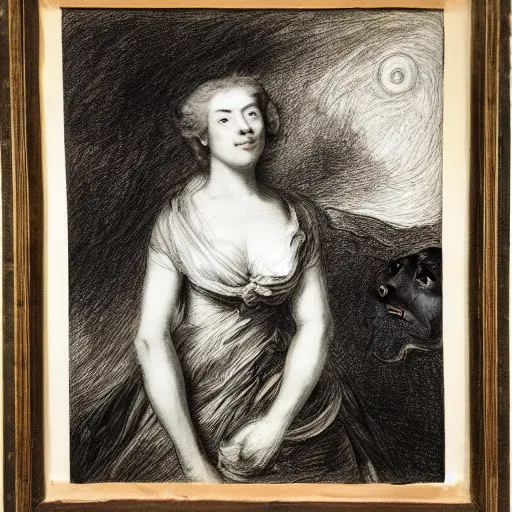 Image similar to unified by joshua reynolds, by willem de kooning depth of field, flash photography. a beautiful drawing of a woman with long flowing hair, wild animals, & a dark, starry night sky.