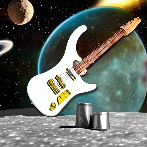 Image similar to a photo of a detailed, realistic, idle, regular sized electric guitar next to a beer can next to an astronaut sitting on the moon surface. detailed photo. realistic photo