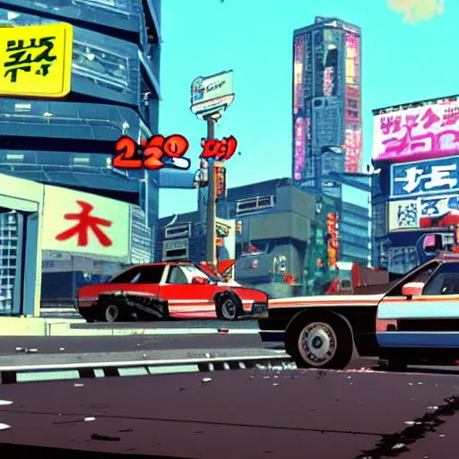 Image similar to 1993 Video Game Screenshot, Anime Neo-tokyo bank robbers vs police shootout, bags of money, Police Shot, Violent, Action, MP5S, FLCL, Highly Detailed, 8k :4 by Katsuhiro Otomo + Studio Gainax + Capcom : 8