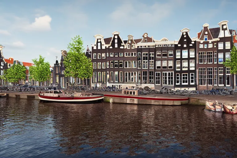 Prompt: view of houses in amsterdam, with water and boats, photography, 3 5 mm, hyper realistic, 8 k, unreal engine, hyper realistic illustration 8 k happy lighting