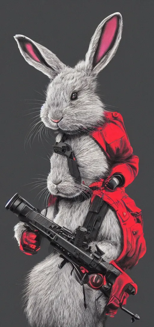 Image similar to portrait of neon fur rabbit with red eyes and a machine gun , 8k, highly detailed, sharp, realistic, in style of Brom