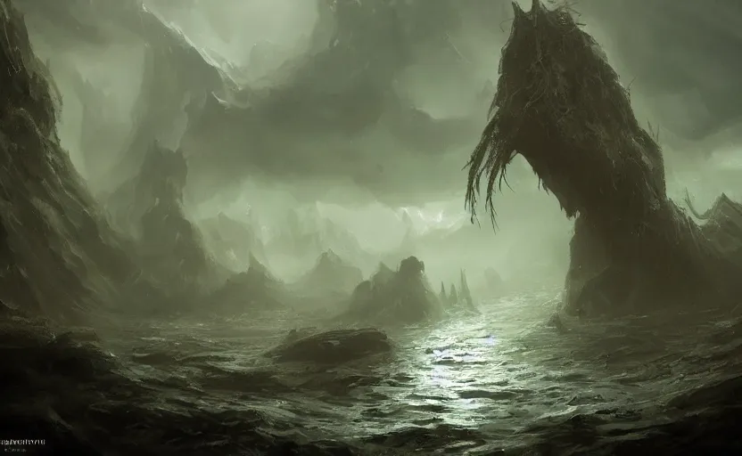 Image similar to cthulu, water landscape, dramatic lighting, cinematic, establishing shot, long full body shot, extremly high detail, photorealistic, cinematic lighting, post processed, concept art, artstation, matte painting, style by greg rutkowsky