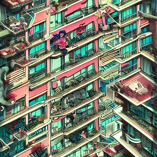 Image similar to crazy apartments, extremely detailed, sharp focus, wide view, full body shot, smooth, digital illustration, by james jean, by rossdraws, frank franzzeta, mcbess, sakimichan