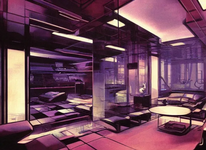 Image similar to a futuristic apartment interior in the style of blade runner, by Syd mead