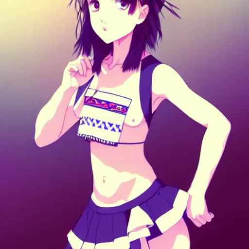 Image similar to a beautiful! boyish! natalie portman alluring gravure! model, wearing japanese school girl outfit with mayan pattern and native style, aztec street fashion, gapmoe yandere grimdark, trending on pixiv fanbox, painted by greg rutkowski makoto shinkai takashi takeuchi studio ghibli, akihiko yoshida