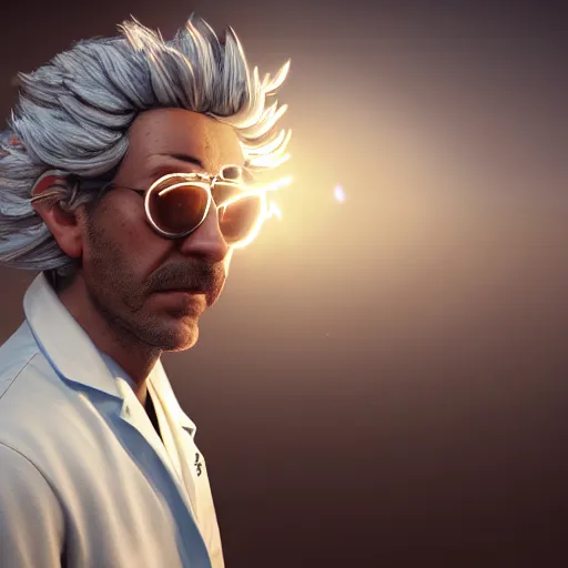 Image similar to portrait of rick sanchez, lab coat, lens flare, atmosphere, glow, detailed, intricate, full of colour, cinematic lighting, trending on artstation, 4 k, hyperrealistic, focused, extreme details, unreal engine 5, cinematic, masterpiece