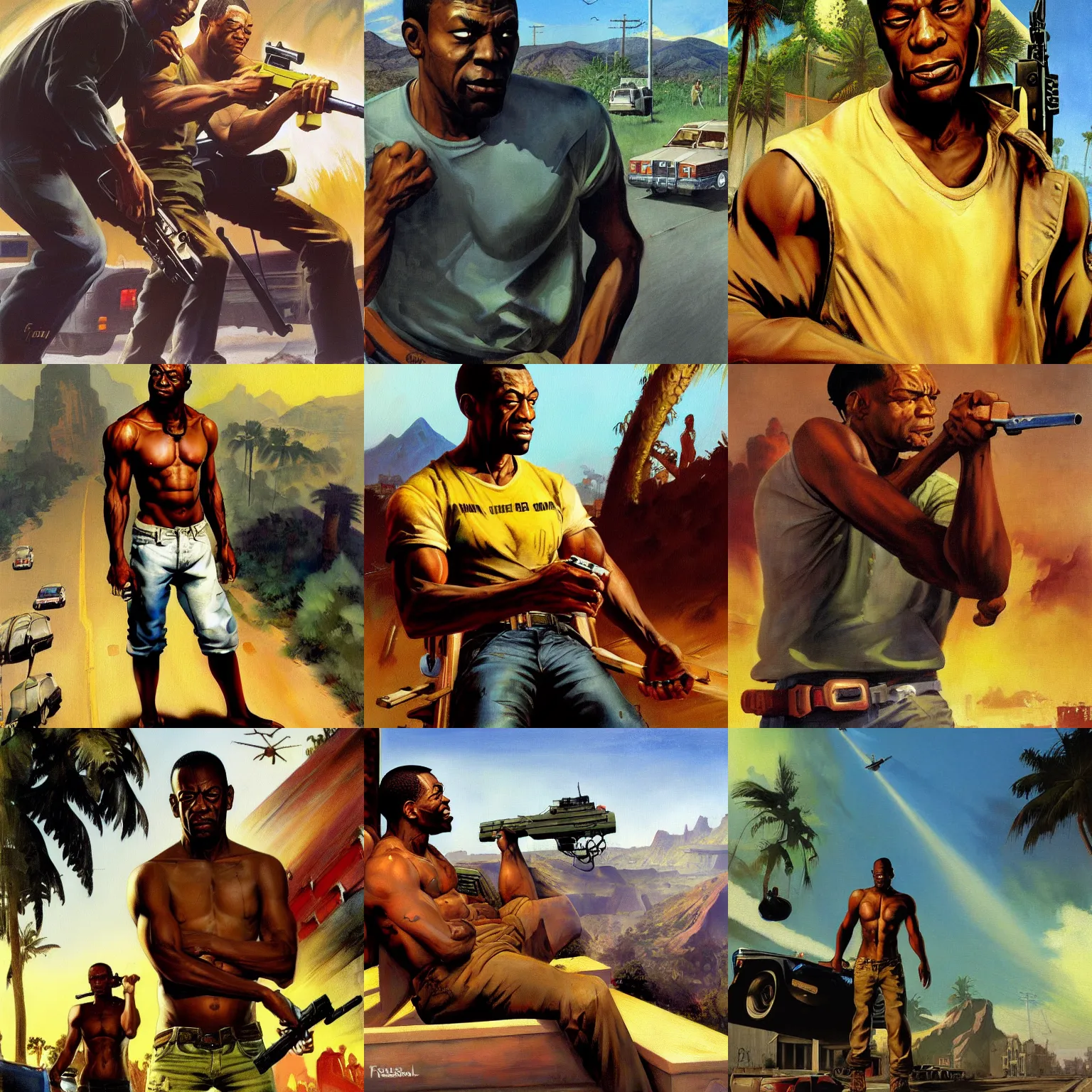 Prompt: carl johnson gta san andreas painting by frank frazetta 4 k