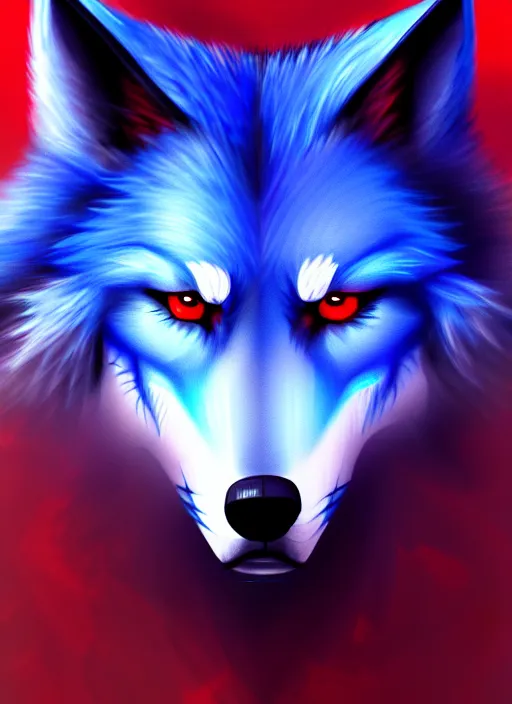 Image similar to blue wolf, red eyes highly detailed, deep focus, digital painting, smooth, sharp focus, anime art style, trending on artstation, 4 k