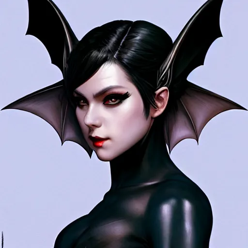 Image similar to 3 / 4 view of a portrait of bat woman with bat wings, confident pose, pixie, genshin impact,, intricate, elegant, sharp focus, illustration, highly detailed, concept art, matte, trending on artstation, anime, art by wlop and artgerm and greg rutkowski, h 6 4 0