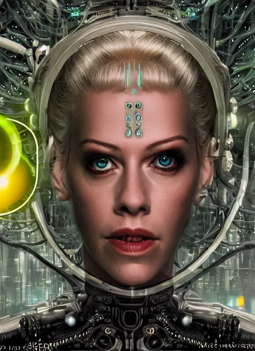 Image similar to 35mm portrait of a 7 of 9 borg with eye implant, on the background of a weird magical mechanical forest. Round gears visible inside her hear. Very detailed 8k. Fantasy cyberpunk horror.