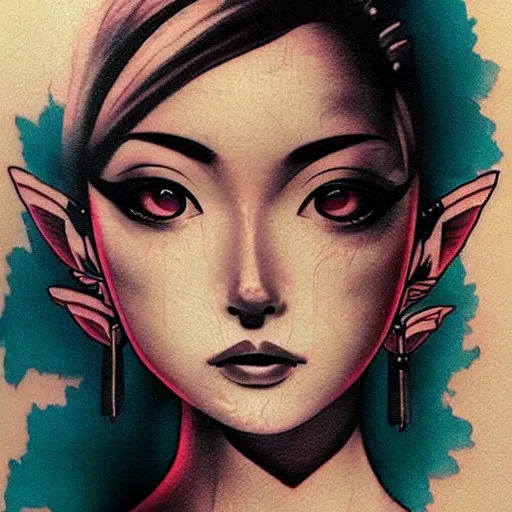 Image similar to tattoo design, stencil, portrait of a japanese girl, zelda, by artgerm,