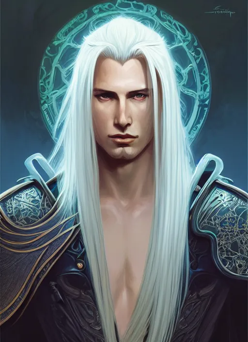 Image similar to centered portrait, Sephiroth as a male D&D Ranger, blonde hair, Art Nouveau, beautiful retro Fantasy heroine 1985, intricate, elegant, highly detailed, centered, digital painting, trending on artstation, concept art, smooth, sharp focus, illustration, art by raphael lacoste, eddie mendoza, Mucha, alex ross, WLOP