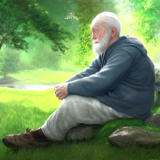 Image similar to portrait of an old irish man sitting on a stone in a grove in ireland next to a lake, highly detailed, digital painting, concept art, sharp focus, by makoto shinkai