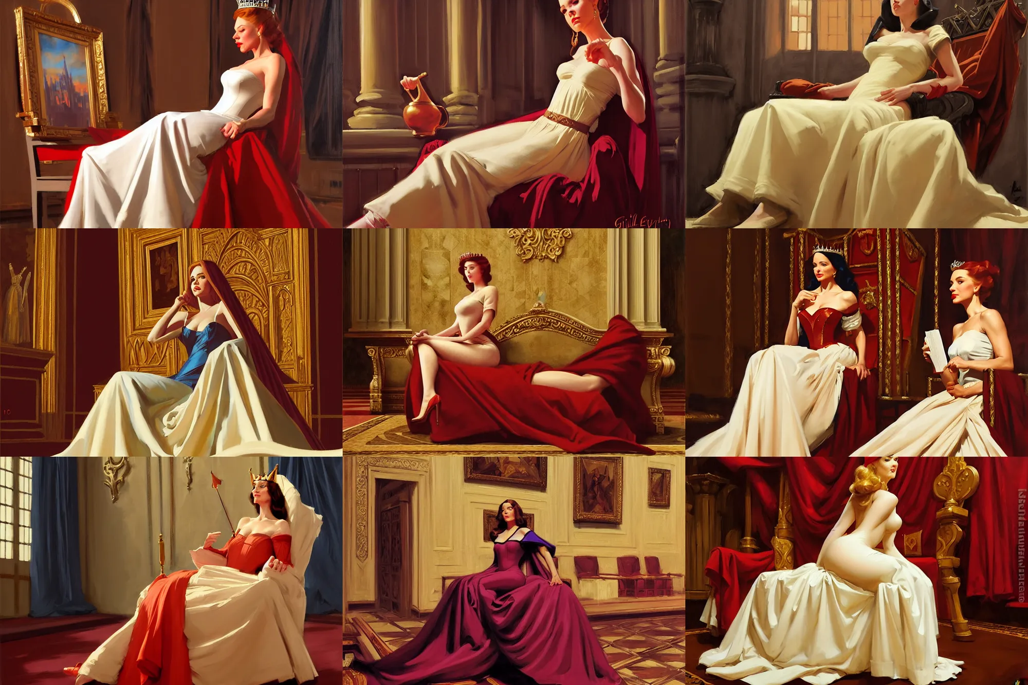 Prompt: greg manchess portrait 1 4 0 0 s queen relaxing at court, throne room background matte painting, trending on artstation, gil elvgren, greg rutkowski, magali villeneuve, artgerm, jeremy lipkin, michael garmash
