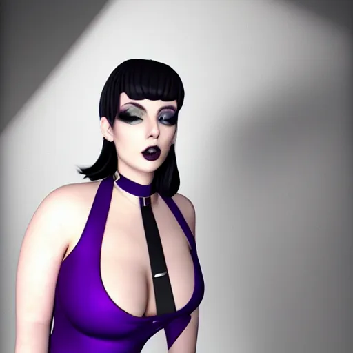 Prompt: a feminine curvy pale hot goth cutie wearing an tight purple-grey latex-nylon high-neck striped dress, choker necklace, cgsociety, photorealistic, sublime-cool-hyperadvanced-dark-amorous ambience, 16k, smooth, sharp focus, trending on ArtStation, volumetric lighting, fully clothed, thin waist