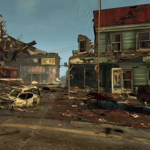 Image similar to tornado in tornado alley, town in ruins post - nuclear war in fallout 4, in game screenshot