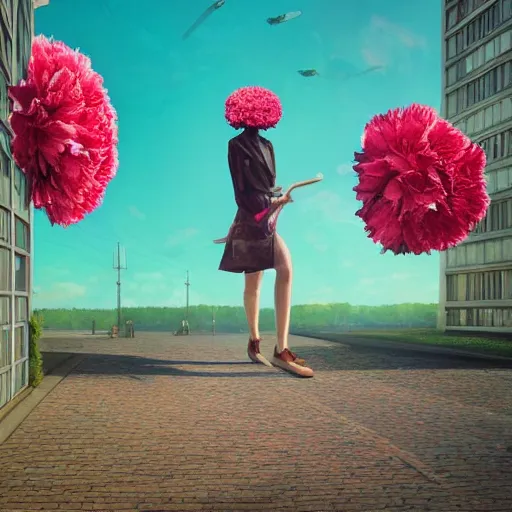 Image similar to giant carnation flower head, woman walking between luxury apartments, surreal photography, sunlight, impressionist painting, digital painting, artstation, simon stalenhag