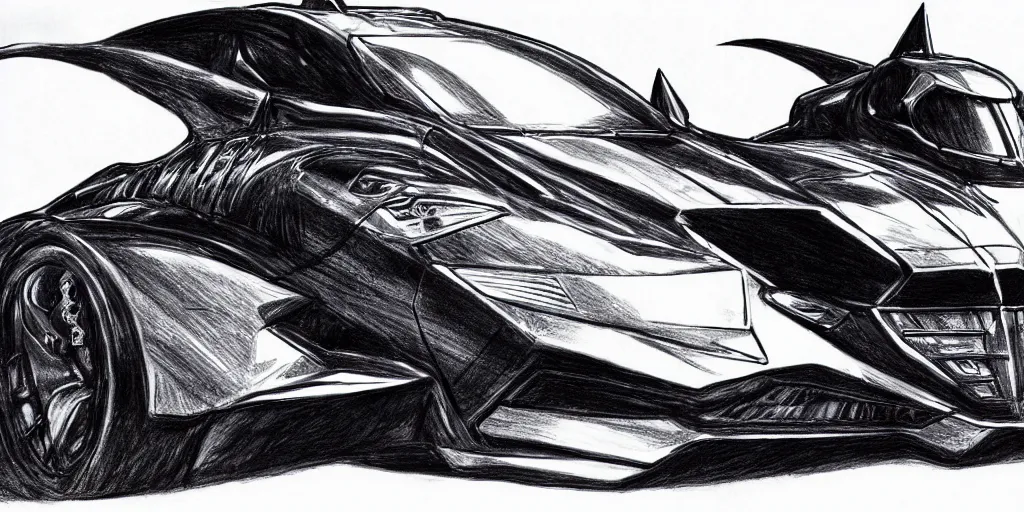 Image similar to ballpoint pen drawing of the batmobile, batman, arkham knight