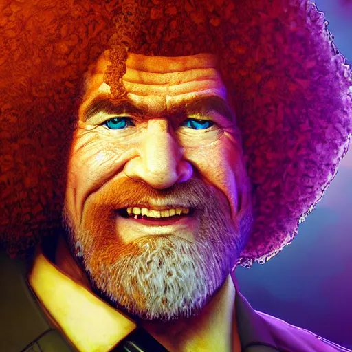 Prompt: a closeup photorealistic photograph of bob ross as the doomslayer in hell. film still, vibrant colors. this 4 k hd image is trending on artstation, featured on behance, well - rendered, extra crisp, features intricate detail, epic composition and the style of unreal engine.