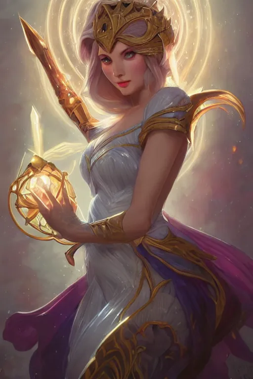 Prompt: portrait of lux from league of legends, wielding light magic, photorealistic fantasy castle city, full body, powerful, fantasy, intricate, elegant, highly detailed, digital painting, artstation, concept art, sharp focus, illustration, art by artgerm and greg rutkowski and alphonse mucha