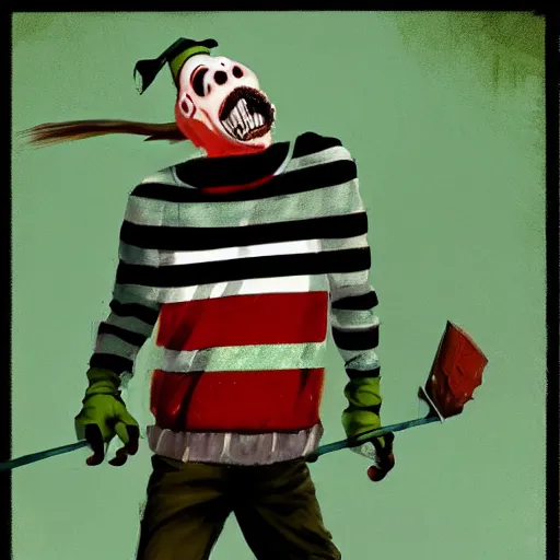 Image similar to Freddie Kruger wearing a green and red striped sweater, horror, grunge, loony toons style, illustrated by Greg Rutkowski ., Trending on artstation, artstationHD, artstationHQ, 4k, 8k