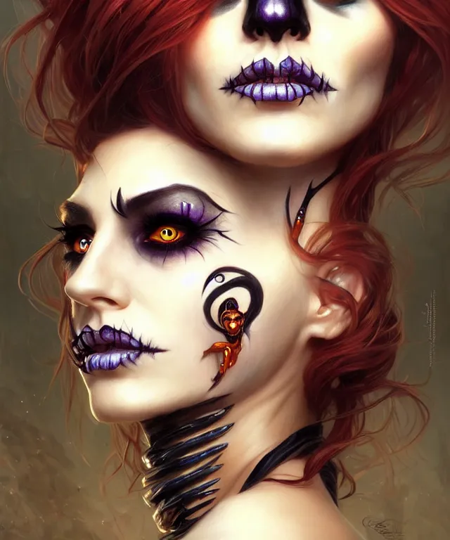 Image similar to Halloween makeup woman portrait, sci-fi, amber eyes, face, long hair, fantasy, intricate, elegant, highly detailed, digital painting, artstation, concept art, smooth, sharp focus, illustration, art by artgerm and greg rutkowski and alphonse mucha